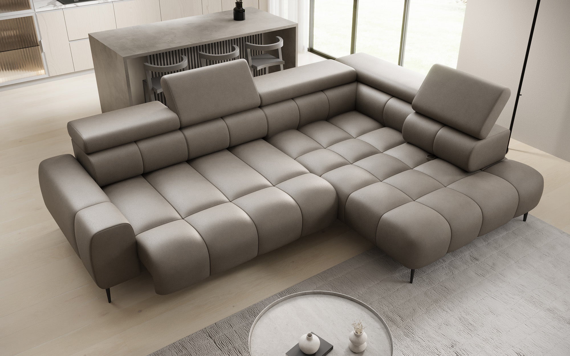 Canapé design Ceora L avec fonction de couchage électrique et dossier réglable en cuir véritable