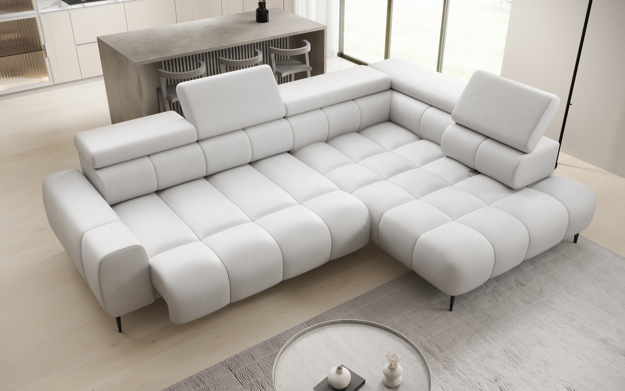 Canapé design Ceora L avec fonction de couchage électrique et dossier réglable en cuir véritable