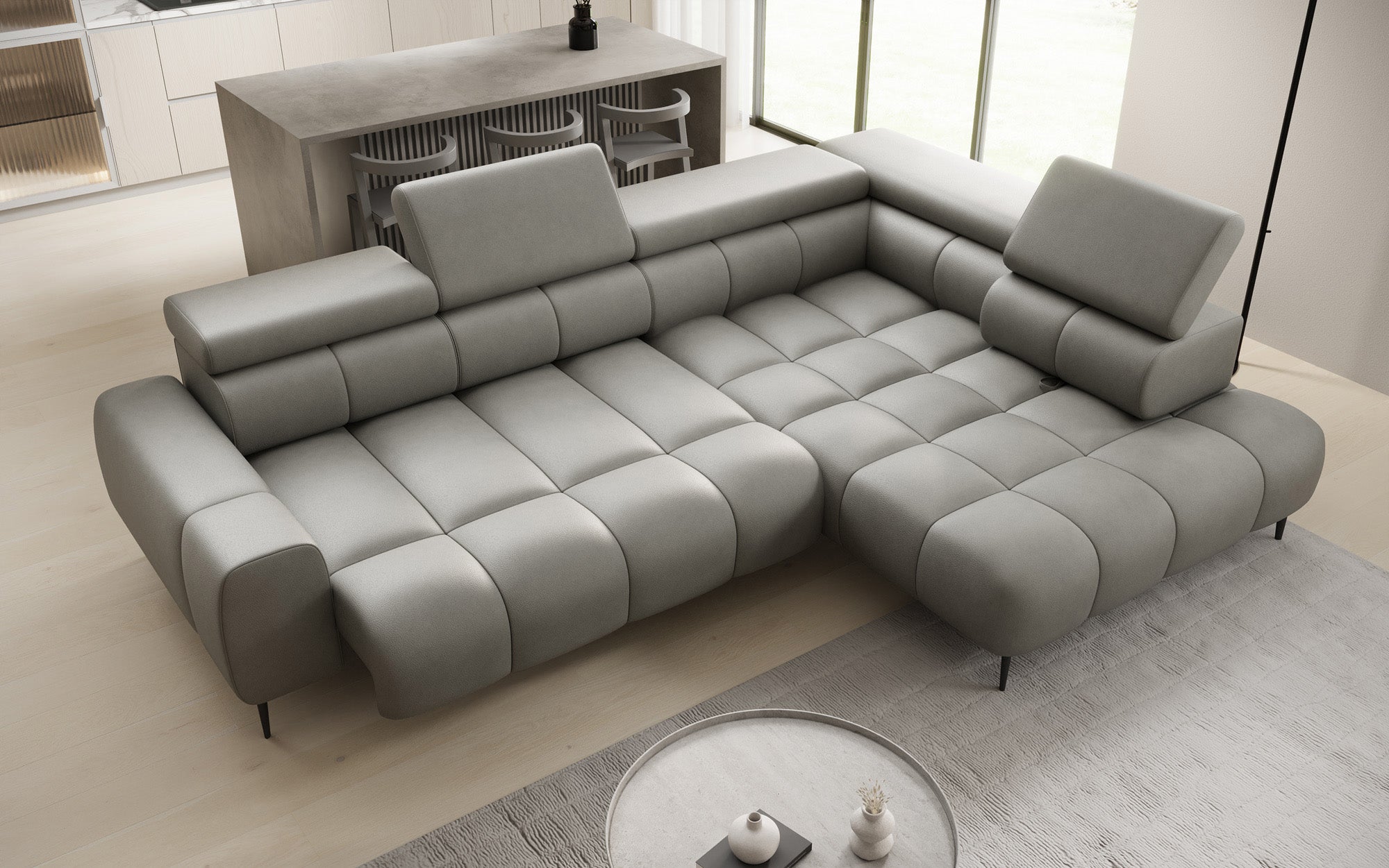 Canapé design Ceora L avec fonction de couchage électrique et dossier réglable en cuir véritable