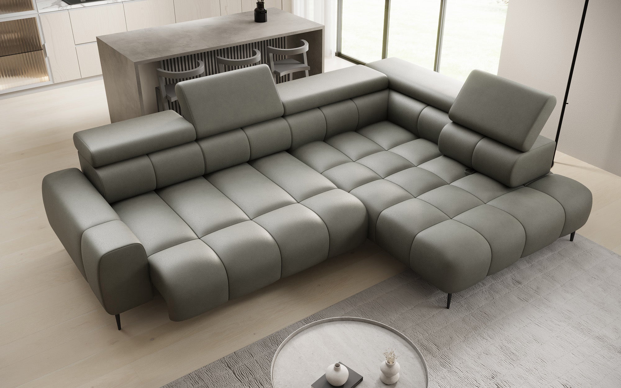 Canapé design Ceora L avec fonction de couchage électrique et dossier réglable en cuir véritable