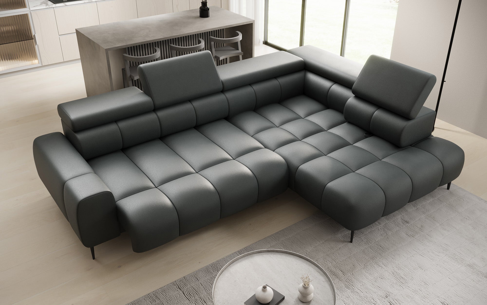 Canapé design Ceora L avec fonction de couchage électrique et dossier réglable en cuir véritable