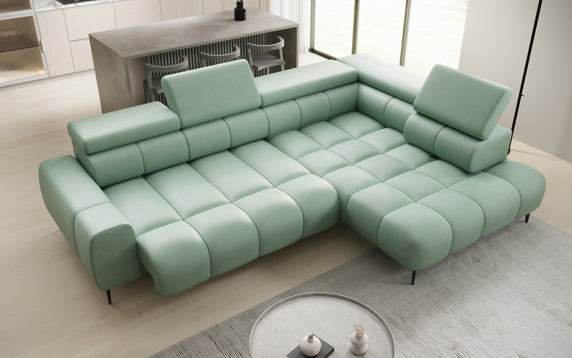 Canapé design Ceora L avec fonction de couchage électrique et dossier réglable en cuir véritable
