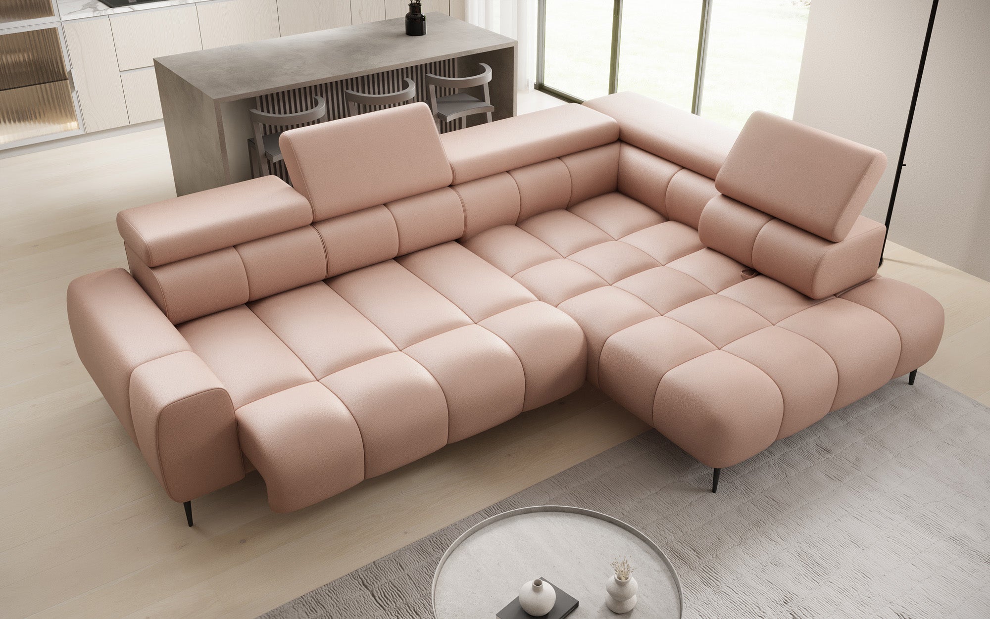 Canapé design Ceora L avec fonction de couchage électrique et dossier réglable en cuir véritable