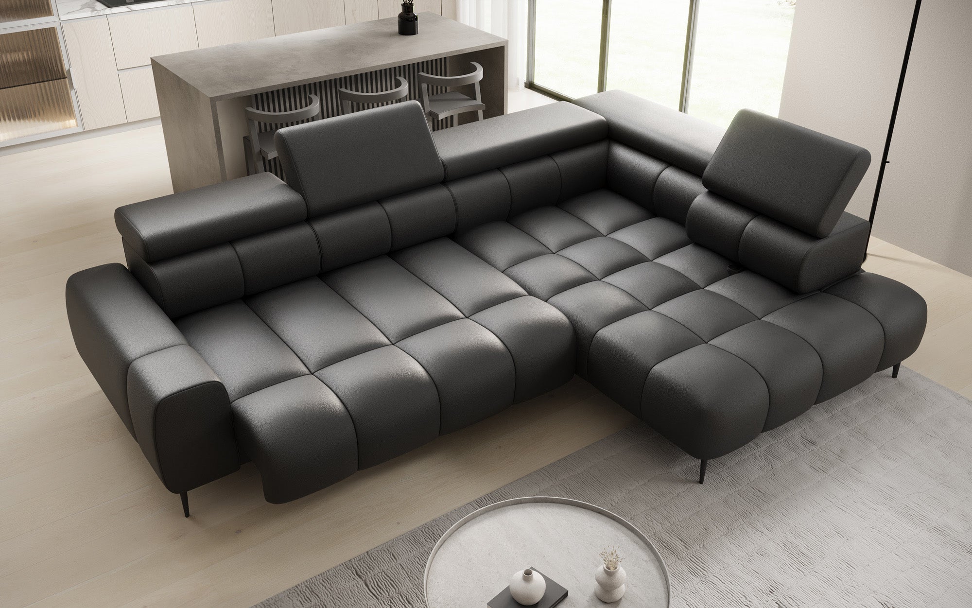 Canapé design Ceora L avec fonction de couchage électrique et dossier réglable en cuir véritable