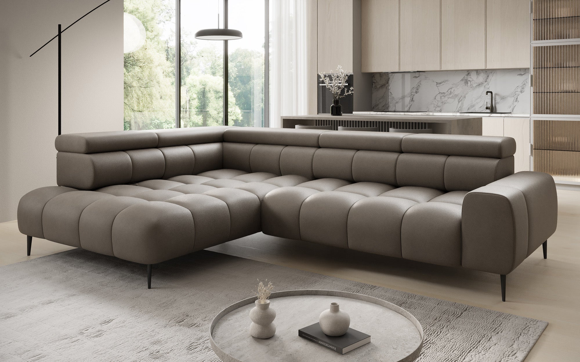 Canapé design Ceora L avec fonction de couchage électrique et dossier réglable en cuir véritable