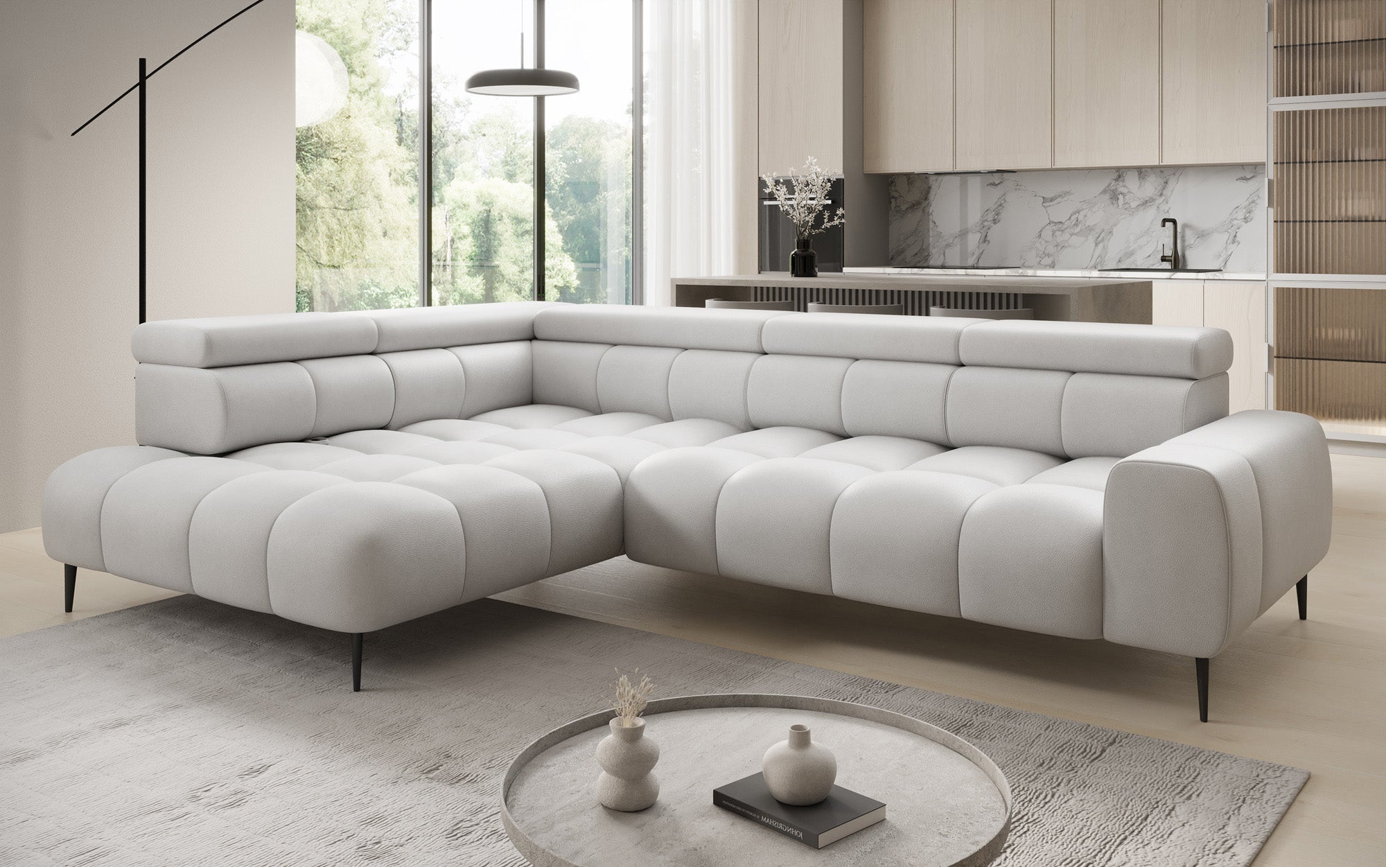 Canapé design Ceora L avec fonction de couchage électrique et dossier réglable en cuir véritable
