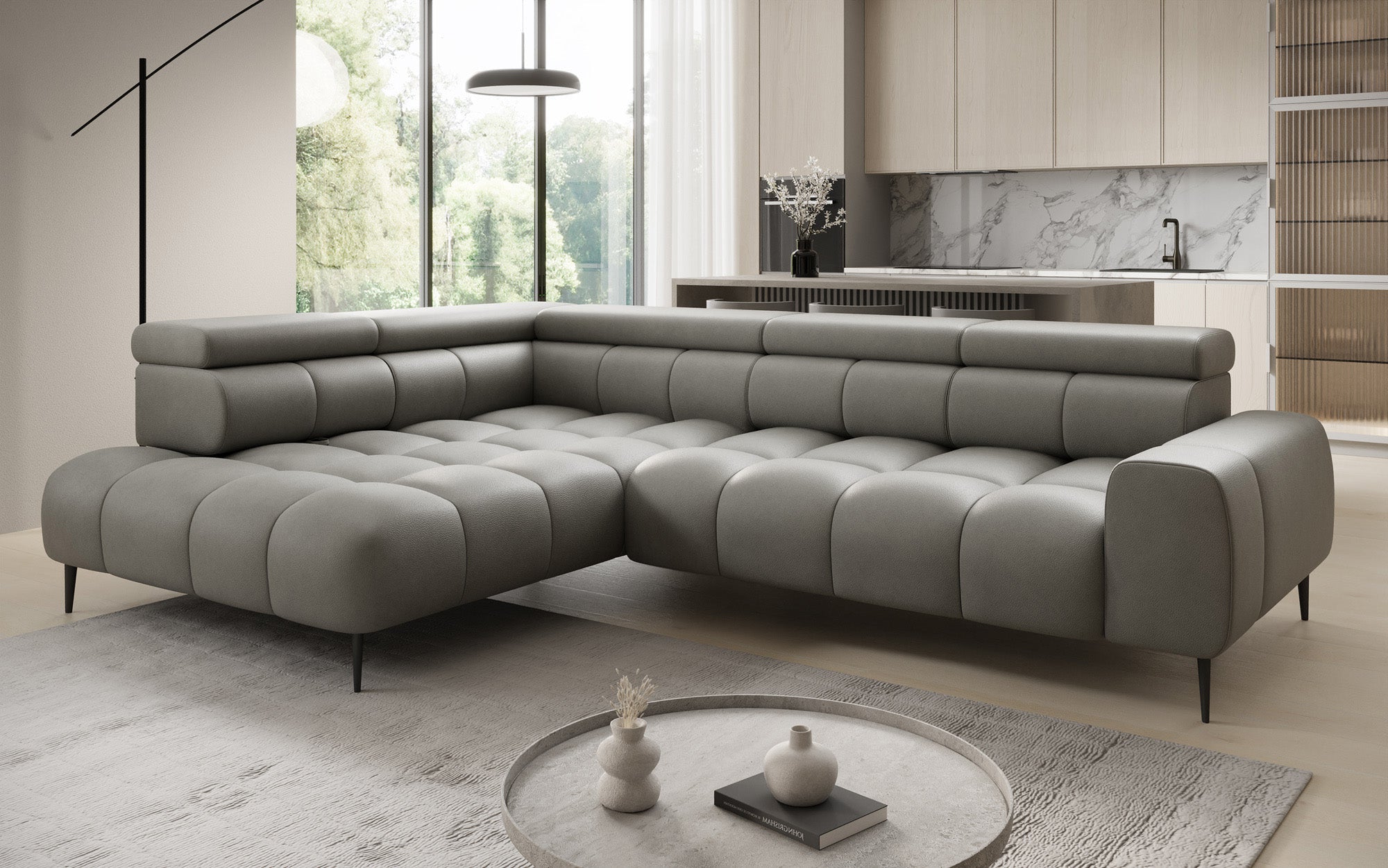 Canapé design Ceora L avec fonction de couchage électrique et dossier réglable en cuir véritable