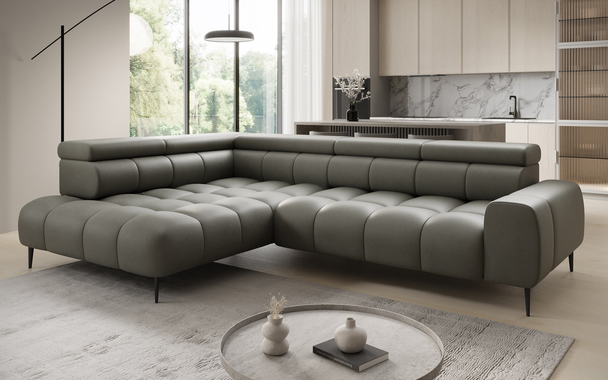 Canapé design Ceora L avec fonction de couchage électrique et dossier réglable en cuir véritable