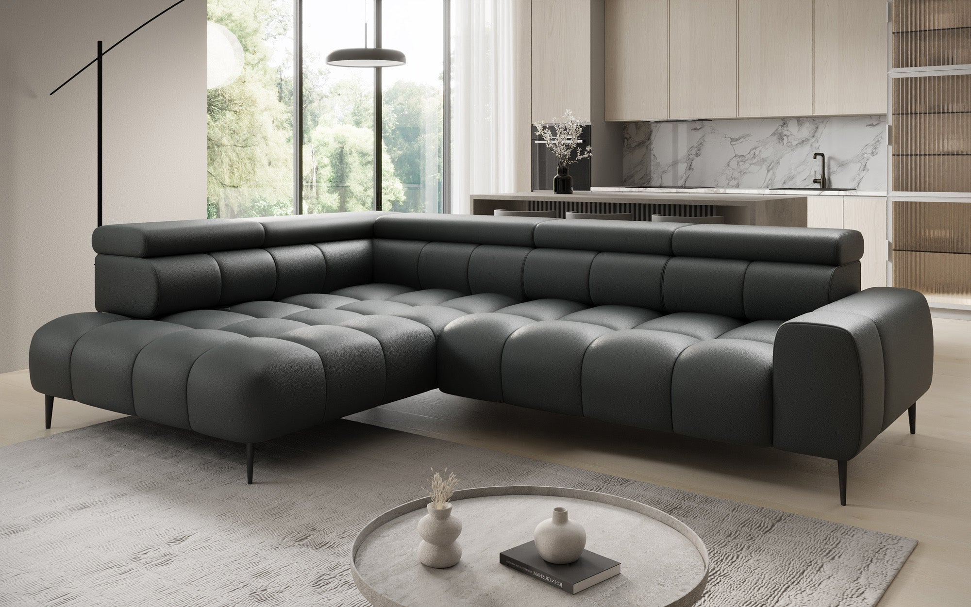 Canapé design Ceora L avec fonction de couchage électrique et dossier réglable en cuir véritable