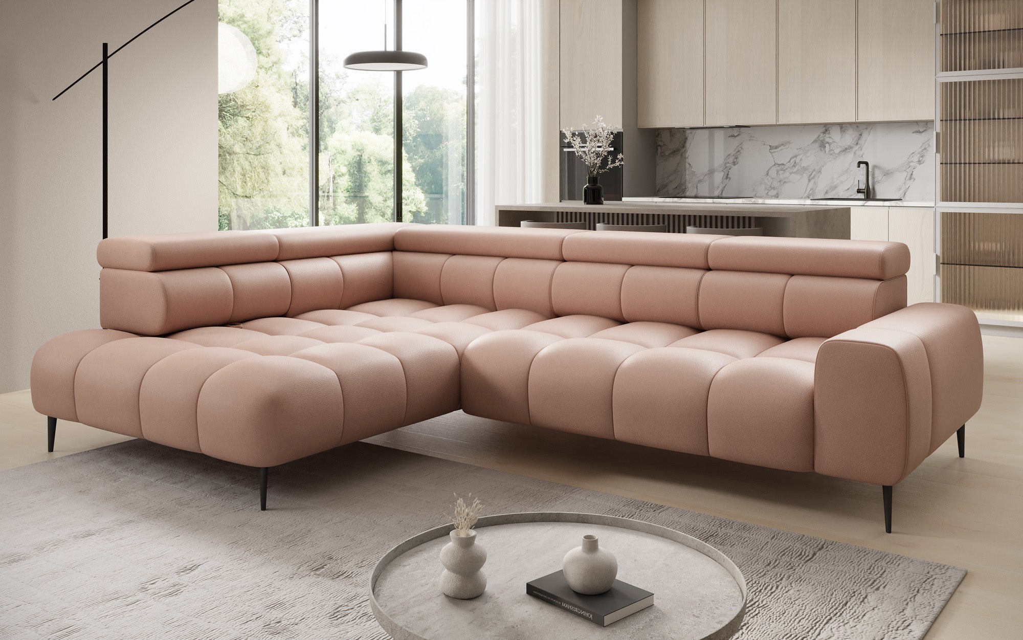 Canapé design Ceora L avec fonction de couchage électrique et dossier réglable en cuir véritable
