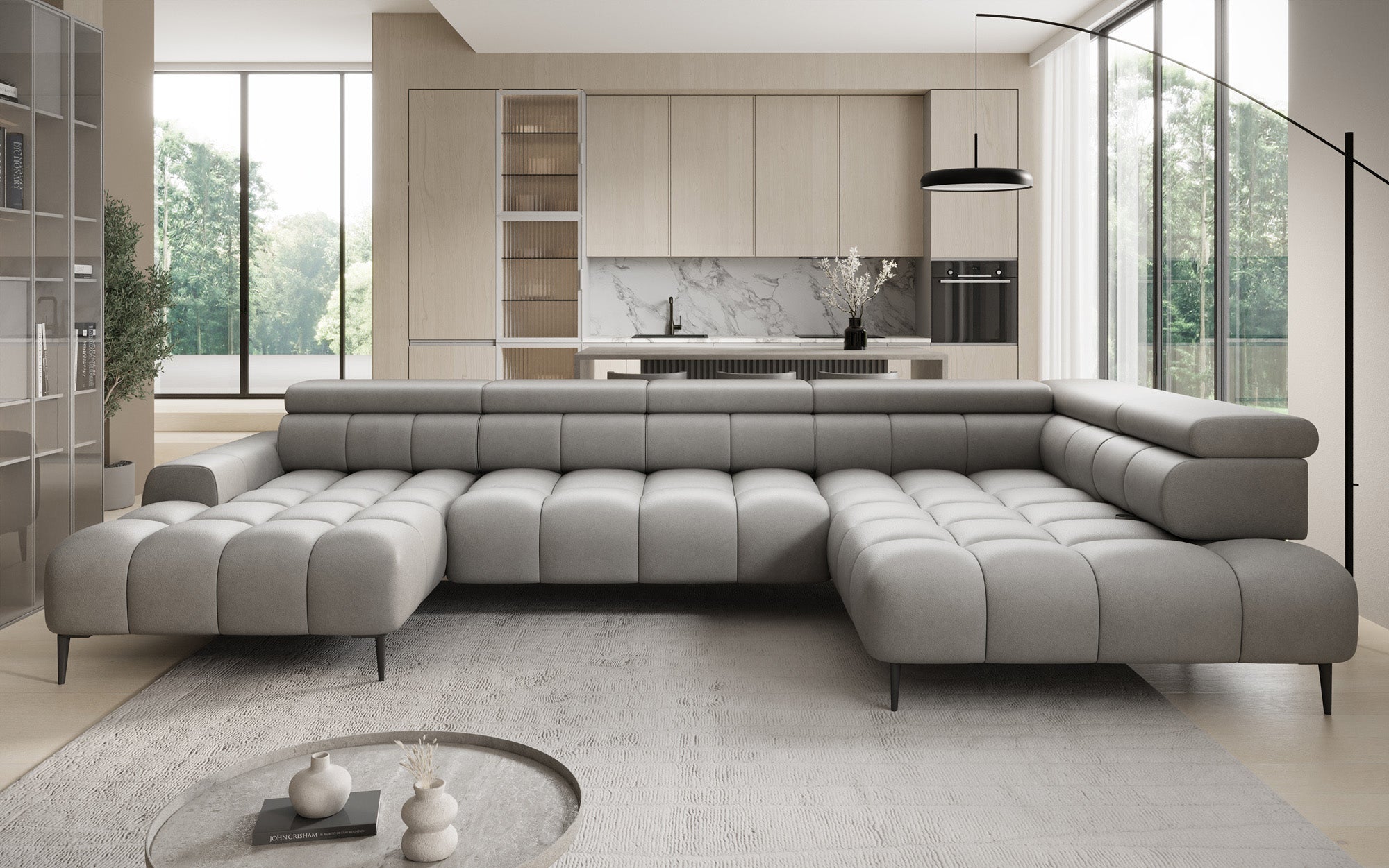 Canapé design Ceora U avec fonction de couchage électrique et dossier réglable en cuir véritable