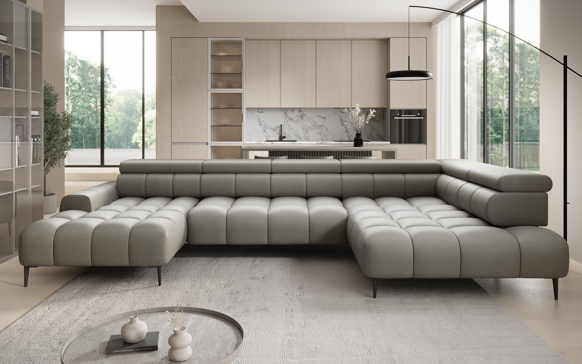 Canapé design Ceora U avec fonction de couchage électrique et dossier réglable en cuir véritable