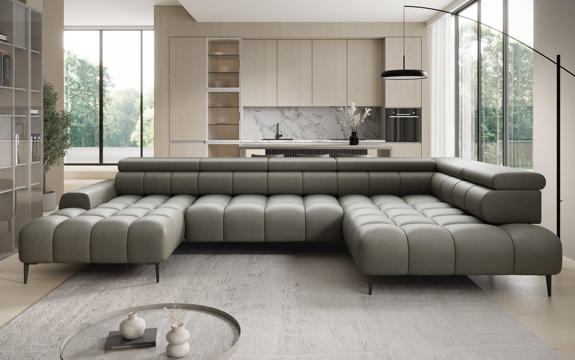 Canapé design Ceora U avec fonction de couchage électrique et dossier réglable en cuir véritable