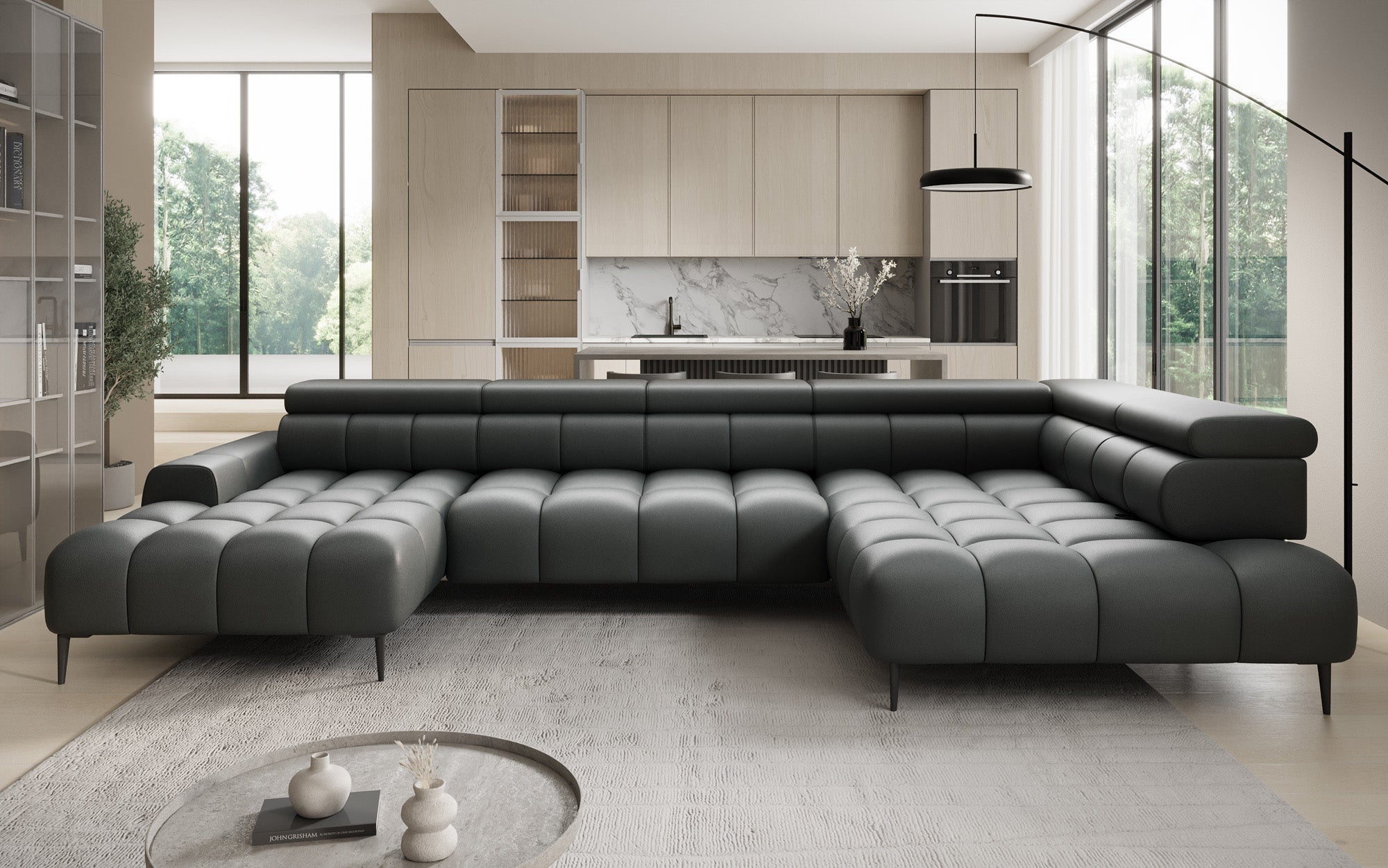 Canapé design Ceora U avec fonction de couchage électrique et dossier réglable en cuir véritable