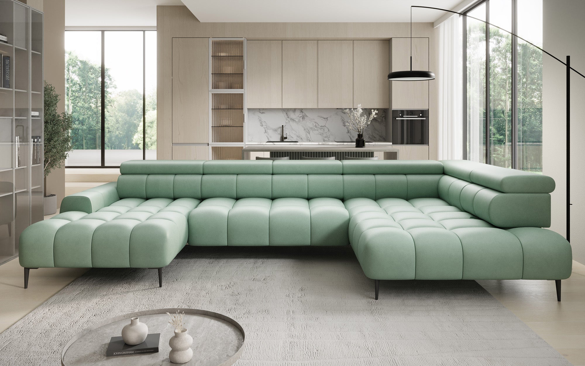 Canapé design Ceora U avec fonction de couchage électrique et dossier réglable en cuir véritable