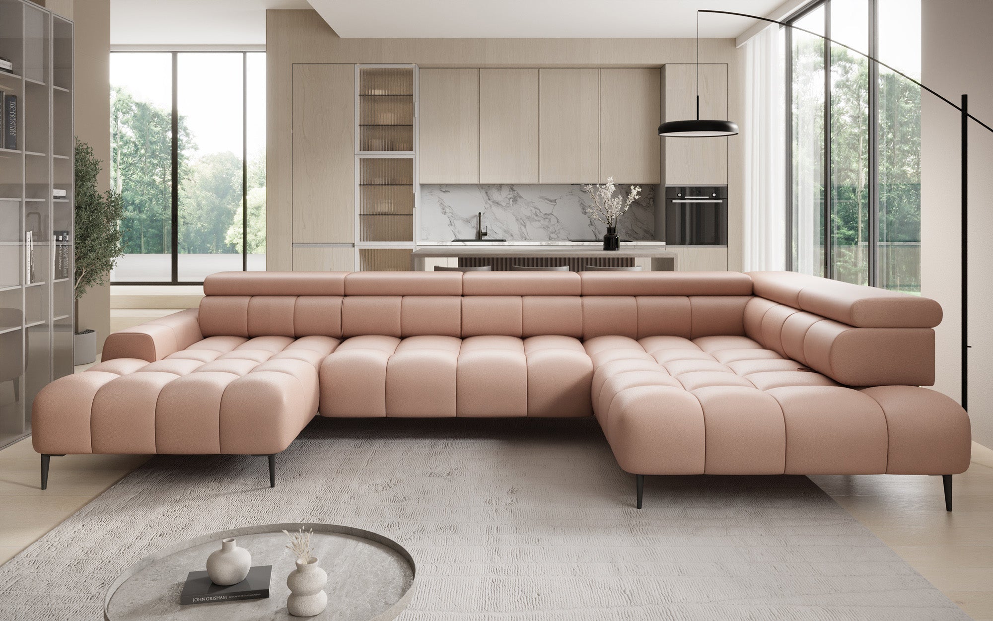 Canapé design Ceora U avec fonction de couchage électrique et dossier réglable en cuir véritable
