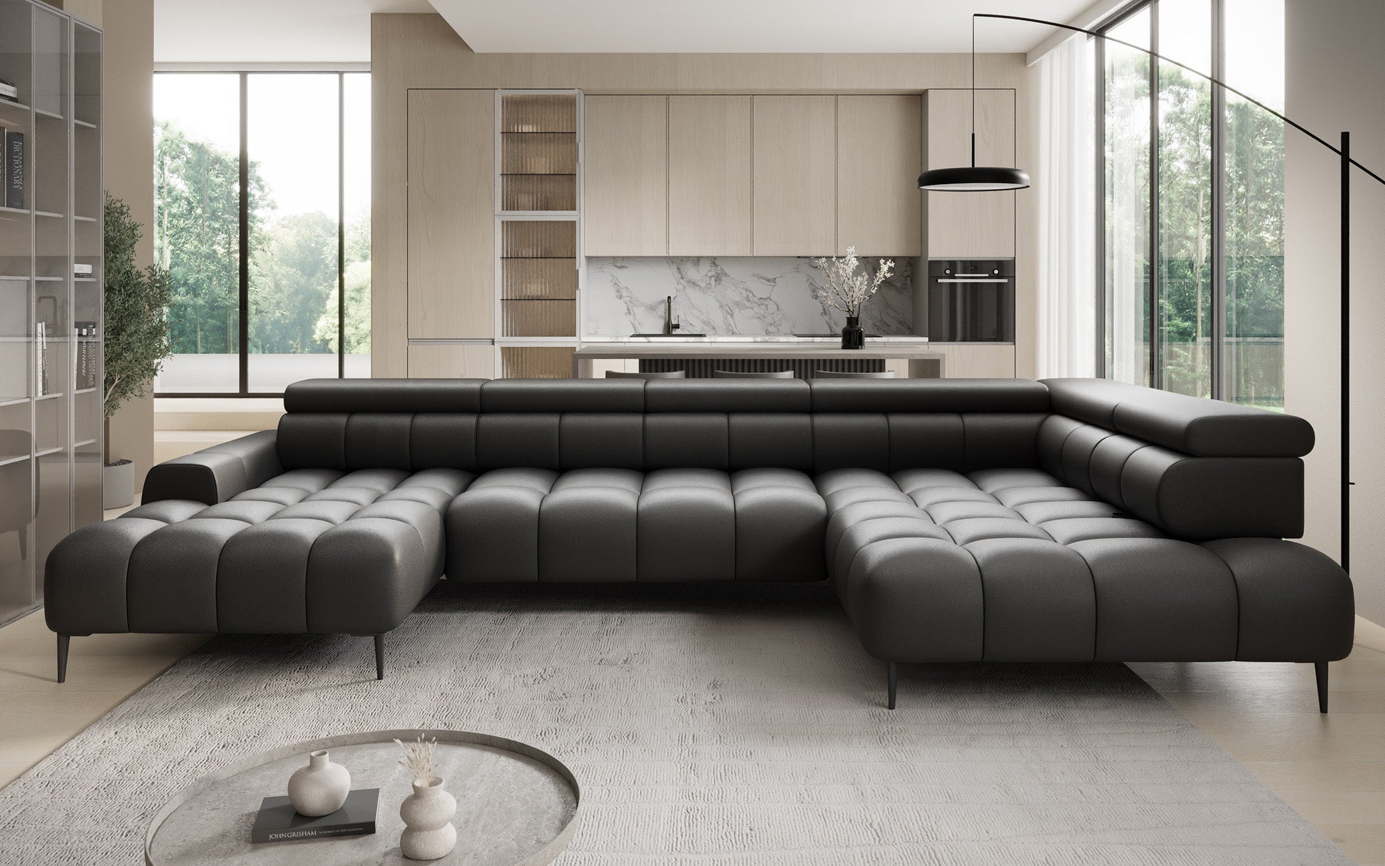 Canapé design Ceora U avec fonction de couchage électrique et dossier réglable en cuir véritable