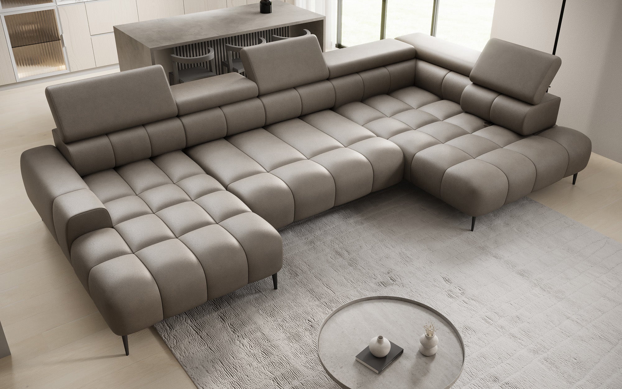 Canapé design Ceora U avec fonction de couchage électrique et dossier réglable en cuir véritable