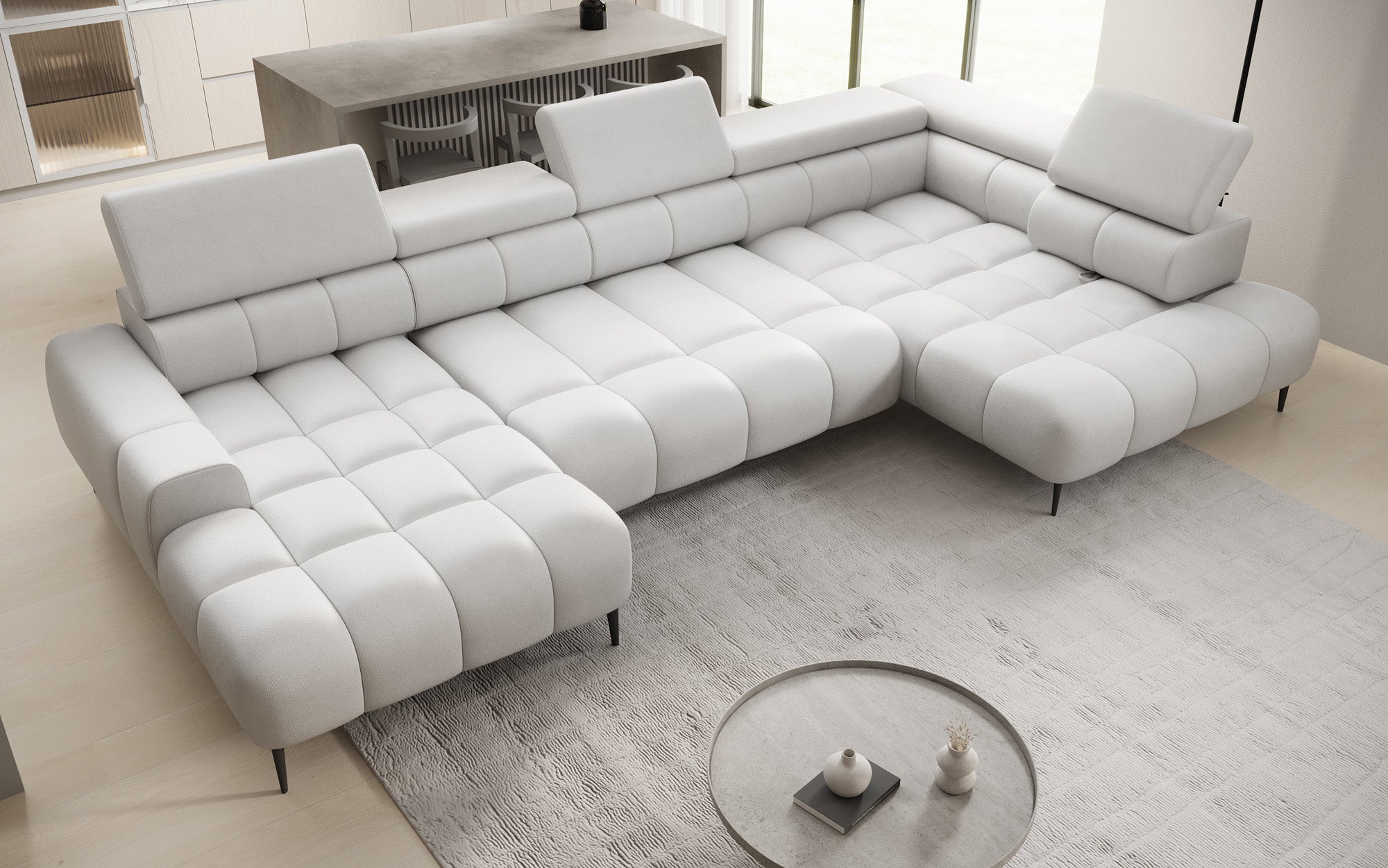 Canapé design Ceora U avec fonction de couchage électrique et dossier réglable en cuir véritable