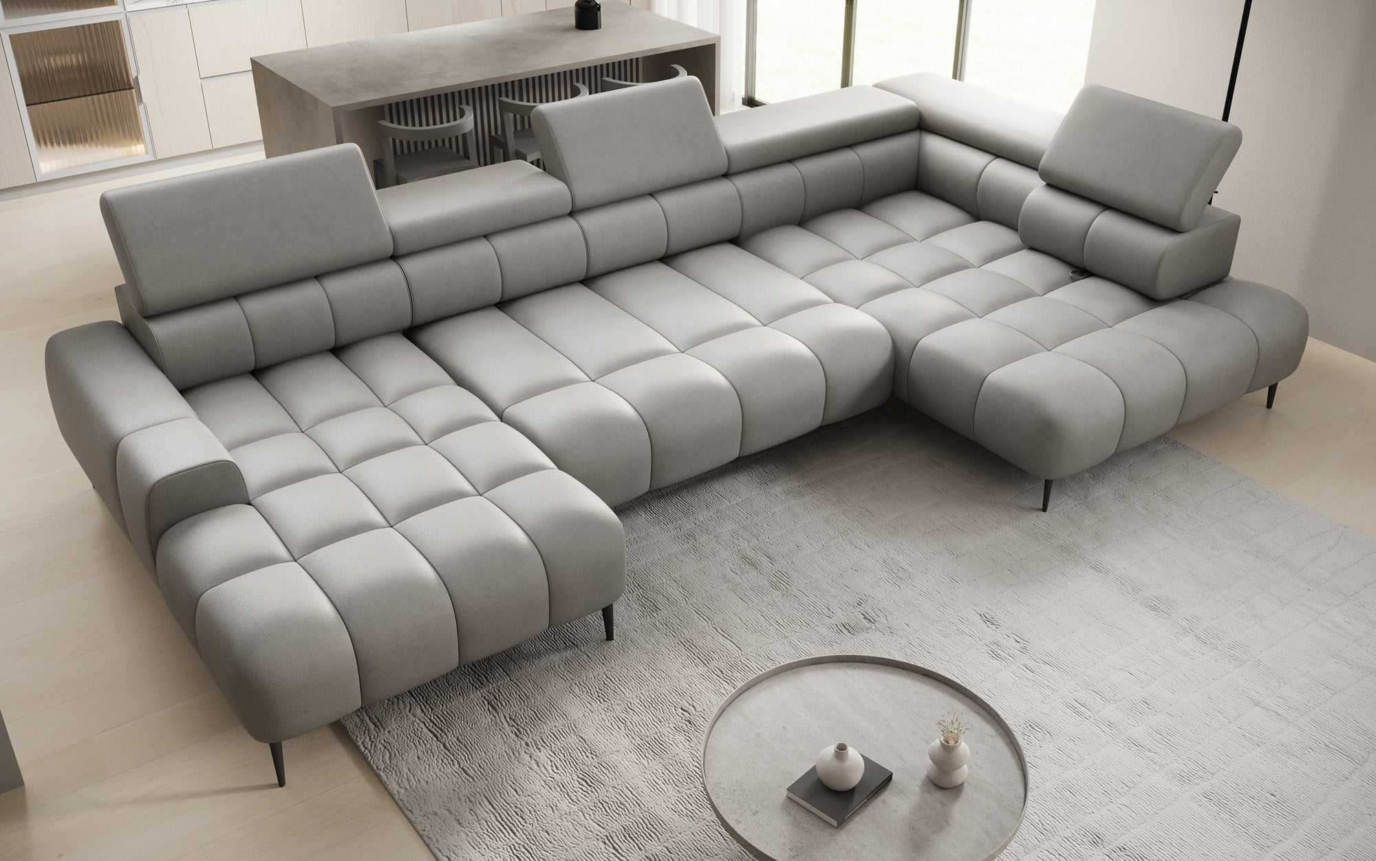 Canapé design Ceora U avec fonction de couchage électrique et dossier réglable en cuir véritable