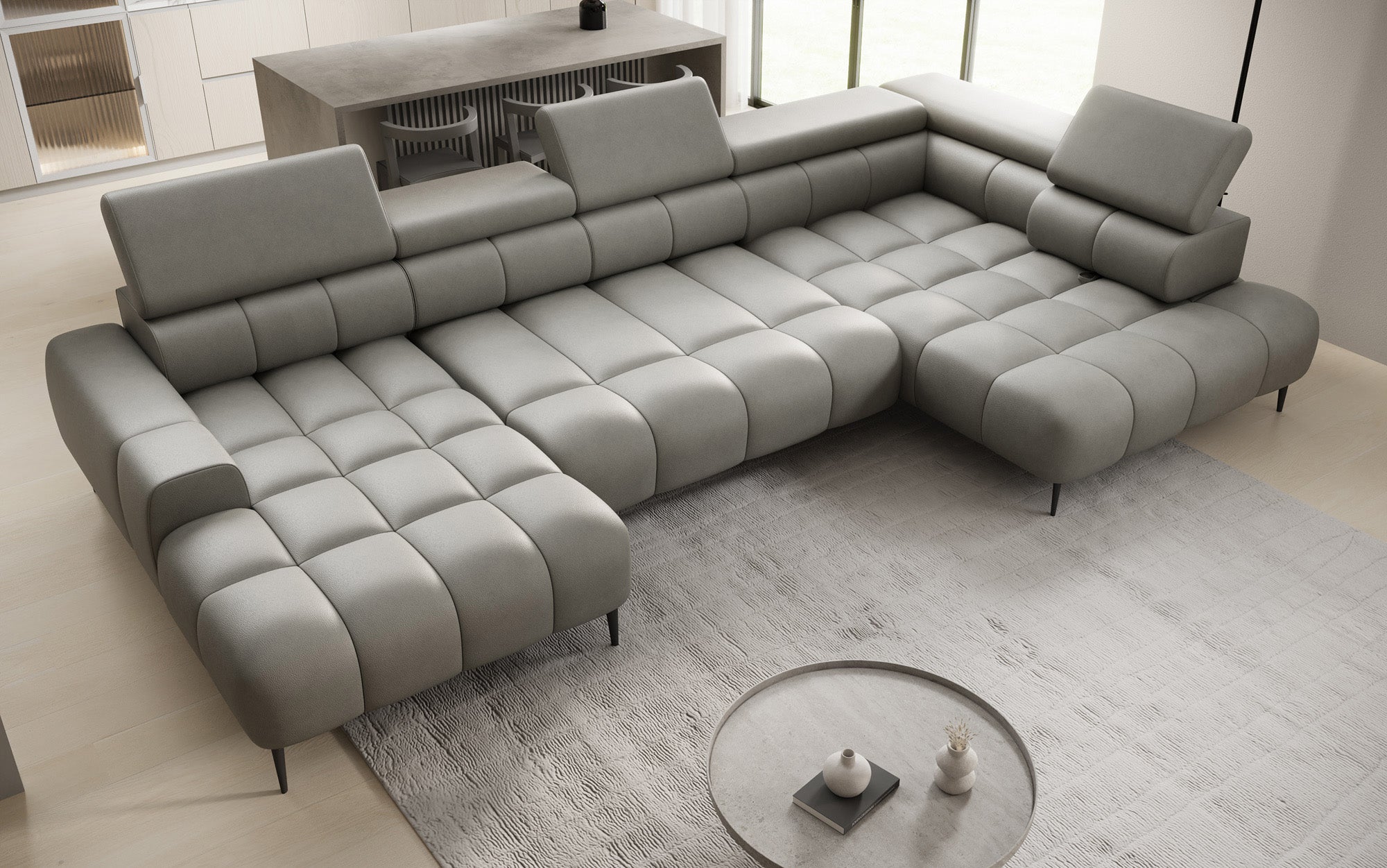 Canapé design Ceora U avec fonction de couchage électrique et dossier réglable en cuir véritable