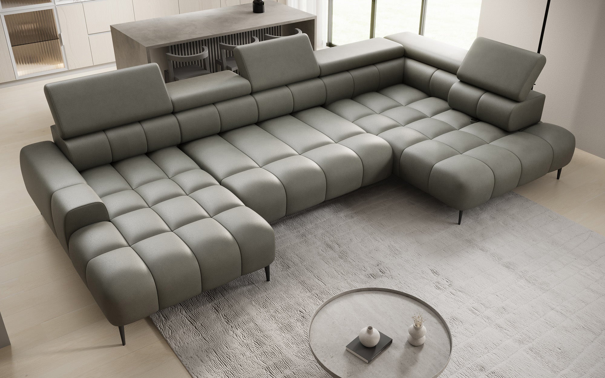 Canapé design Ceora U avec fonction de couchage électrique et dossier réglable en cuir véritable