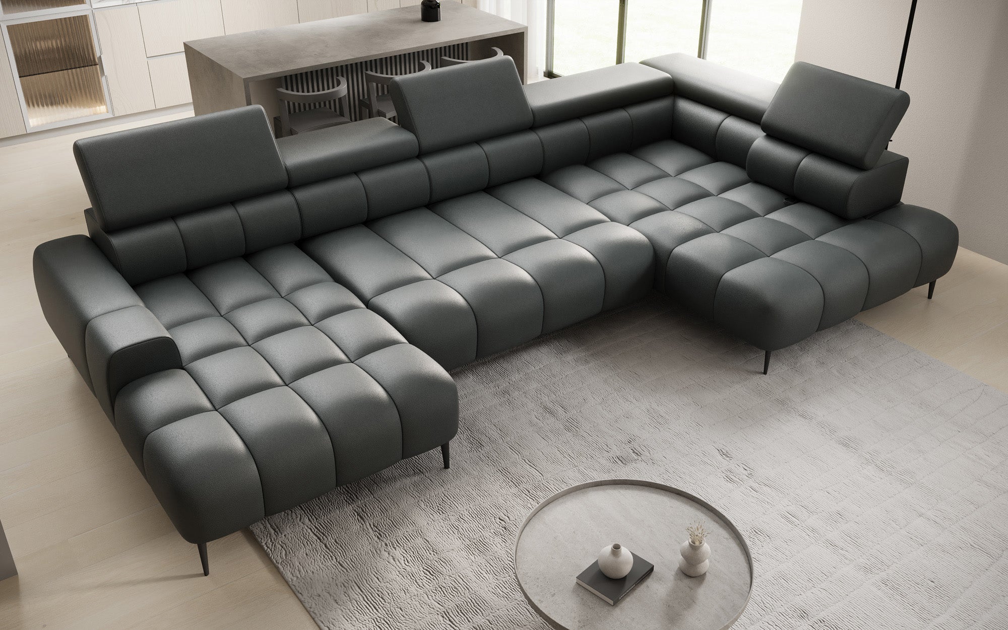 Canapé design Ceora U avec fonction de couchage électrique et dossier réglable en cuir véritable