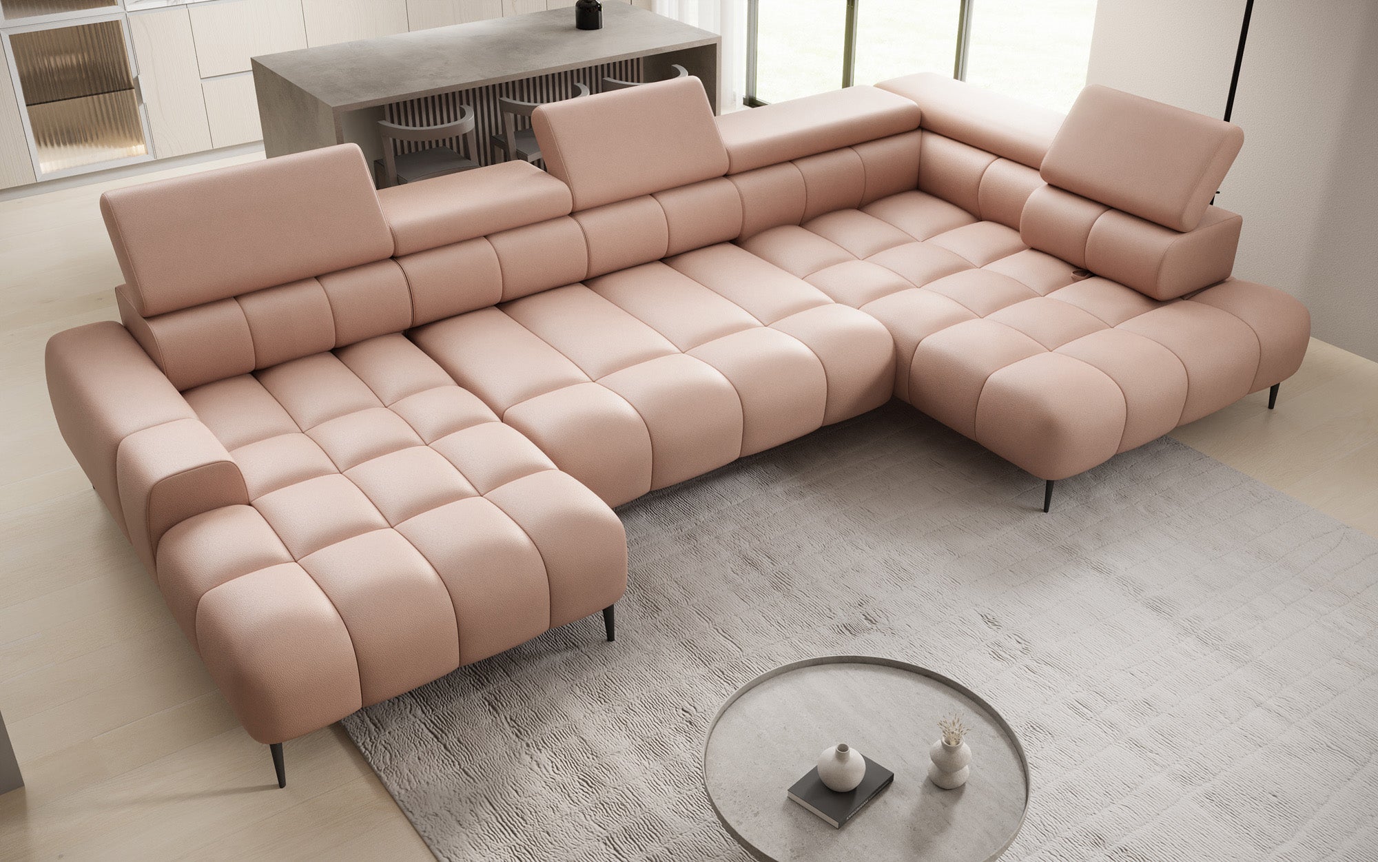 Canapé design Ceora U avec fonction de couchage électrique et dossier réglable en cuir véritable