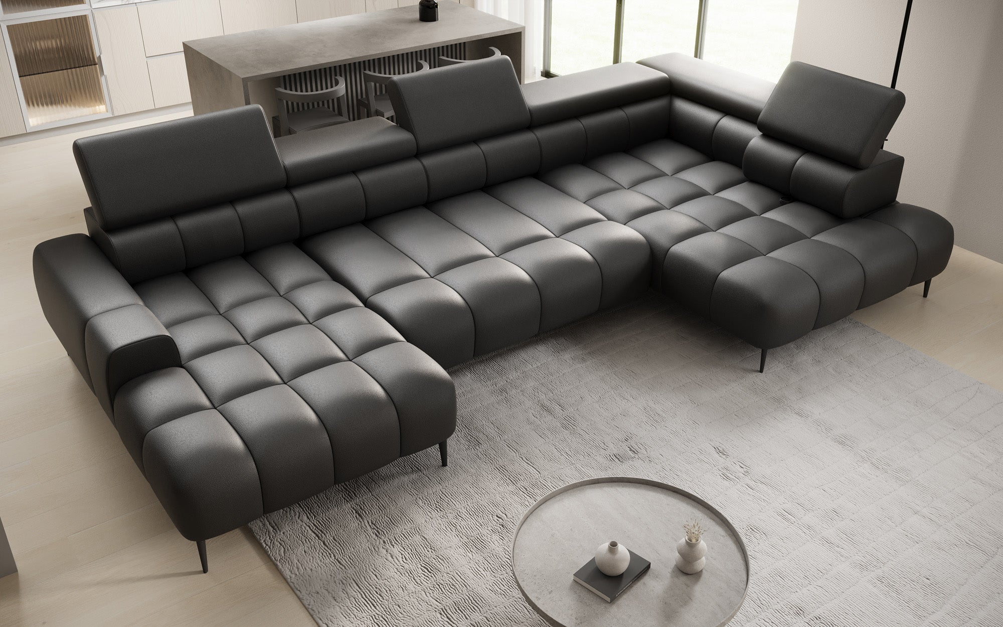 Canapé design Ceora U avec fonction de couchage électrique et dossier réglable en cuir véritable