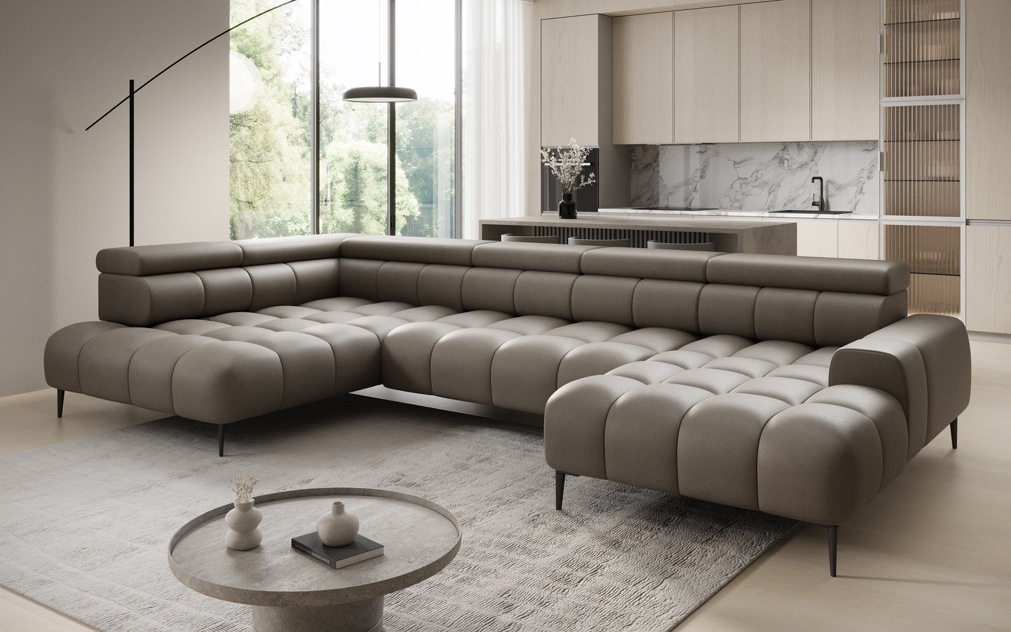 Canapé design Ceora U avec fonction de couchage électrique et dossier réglable en cuir véritable