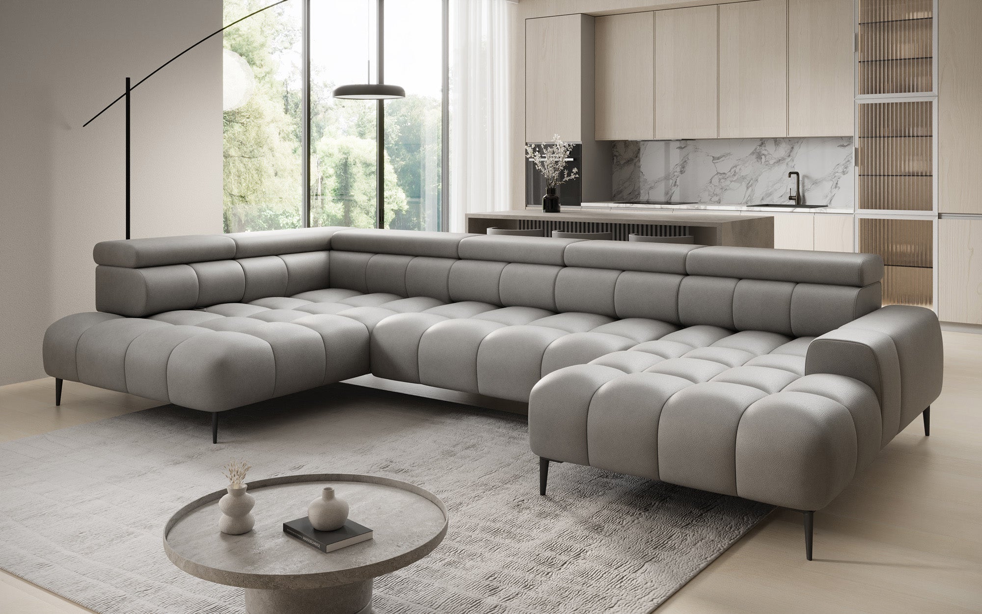 Canapé design Ceora U avec fonction de couchage électrique et dossier réglable en cuir véritable