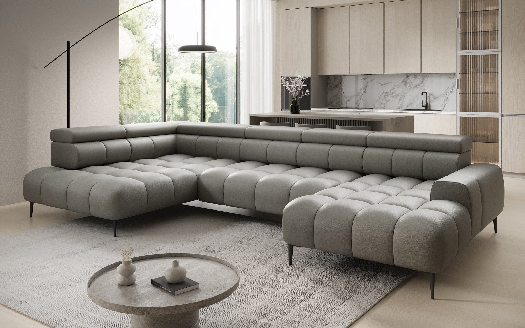 Canapé design Ceora U avec fonction de couchage électrique et dossier réglable en cuir véritable