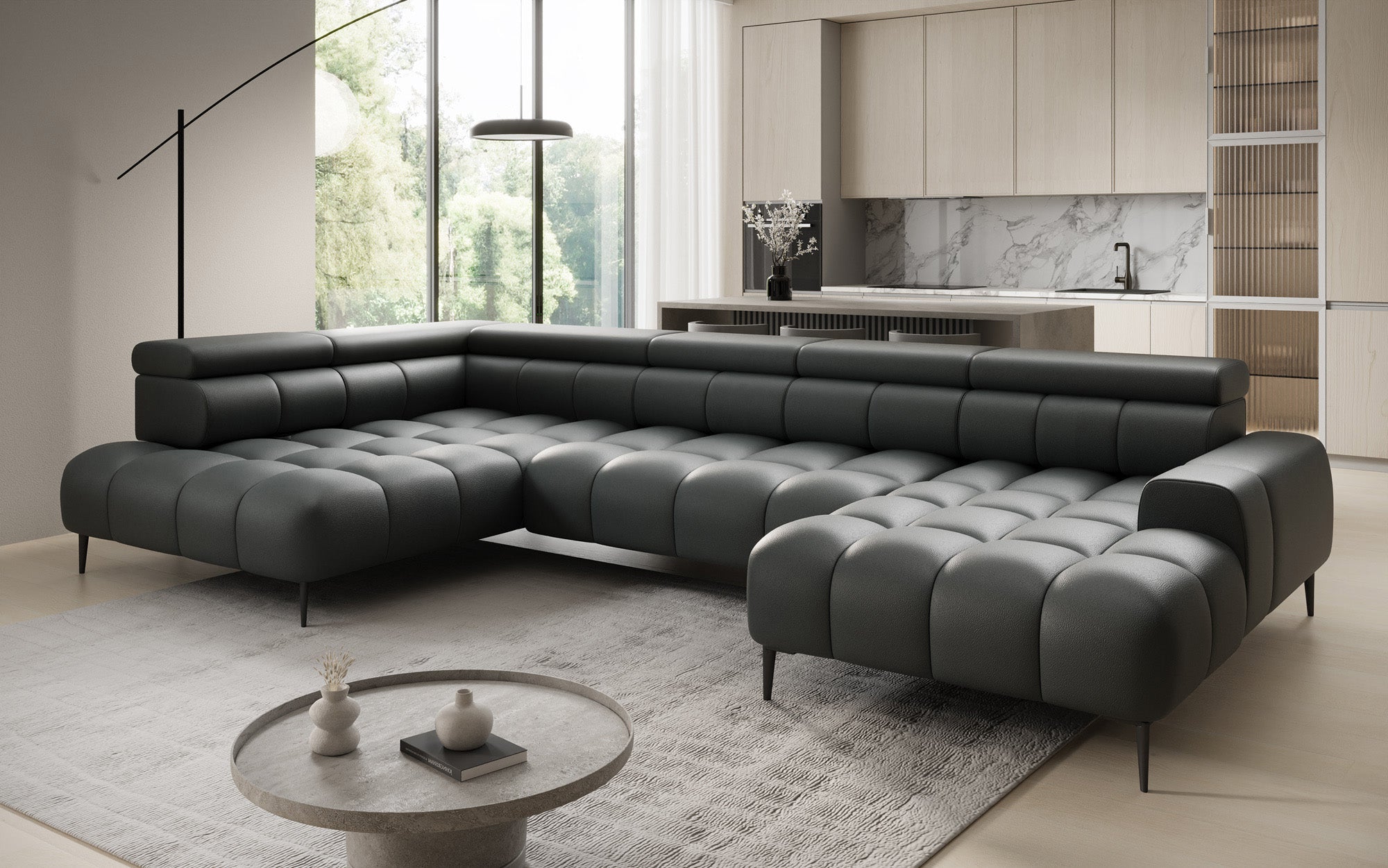 Canapé design Ceora U avec fonction de couchage électrique et dossier réglable en cuir véritable