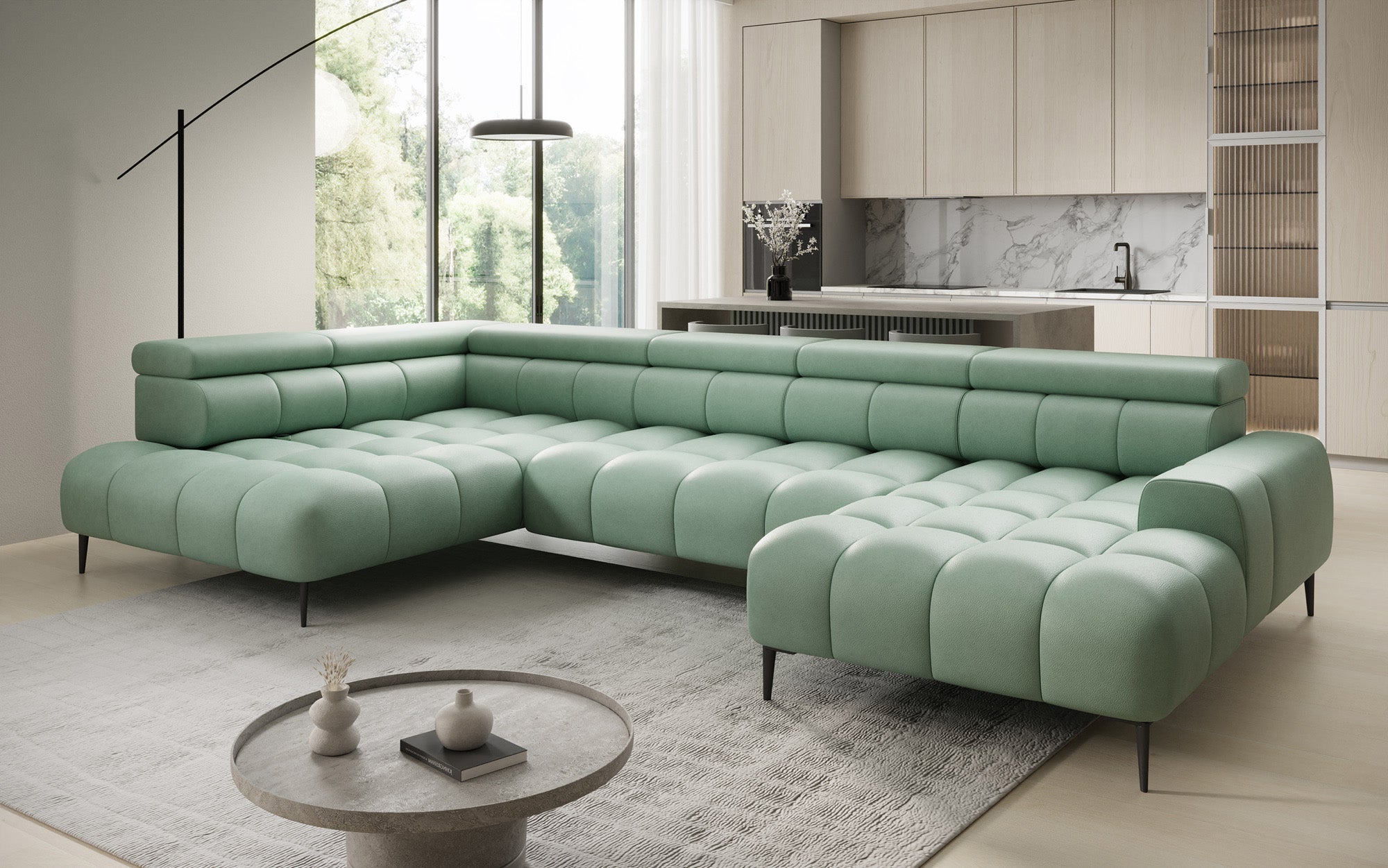 Canapé design Ceora U avec fonction de couchage électrique et dossier réglable en cuir véritable