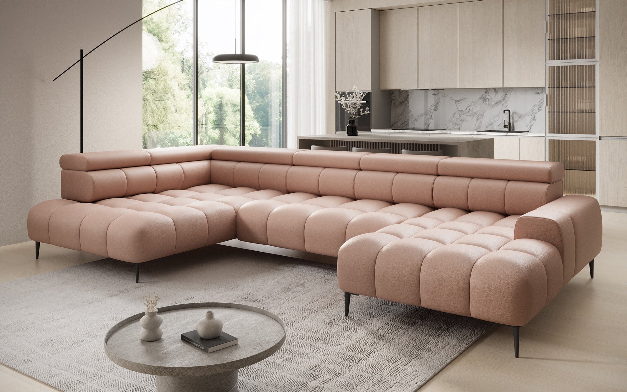 Canapé design Ceora U avec fonction de couchage électrique et dossier réglable en cuir véritable