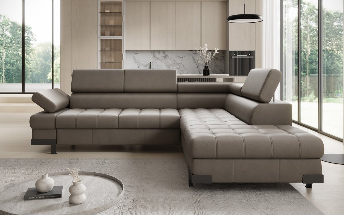 Canapé d'angle L Designer Noelia avec fonction couchage et rangement en cuir véritable