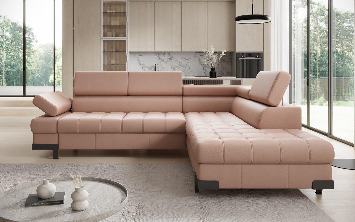 Canapé d'angle L Designer Noelia avec fonction couchage et rangement en cuir véritable