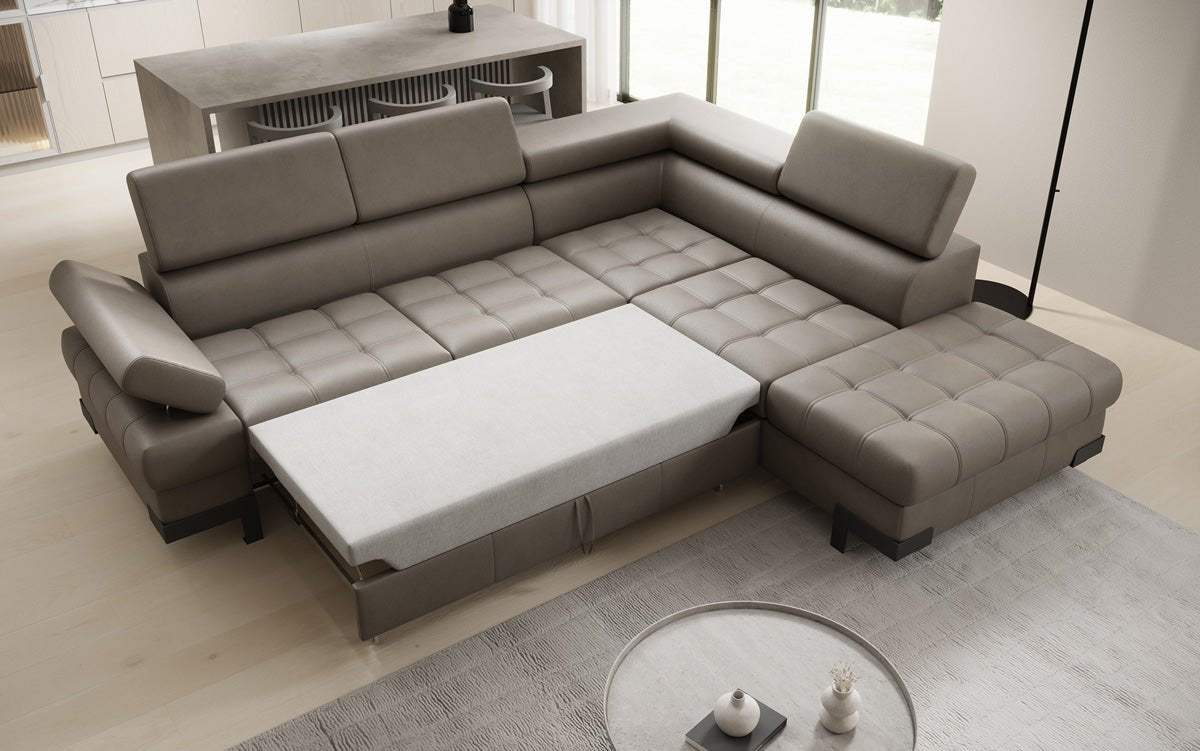 Canapé d'angle L Designer Noelia avec fonction couchage et rangement en cuir véritable