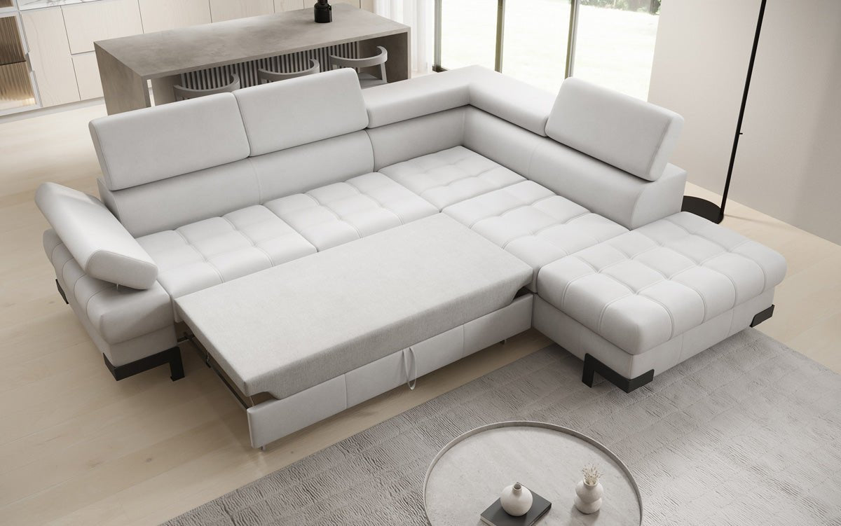 Canapé d'angle L Designer Noelia avec fonction couchage et rangement en cuir véritable