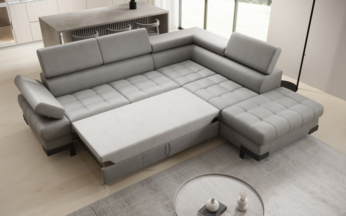 Canapé d'angle L Designer Noelia avec fonction couchage et rangement en cuir véritable