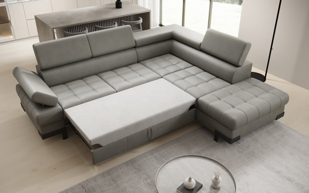 Canapé d'angle L Designer Noelia avec fonction couchage et rangement en cuir véritable