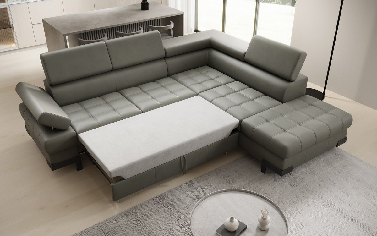 Canapé d'angle L Designer Noelia avec fonction couchage et rangement en cuir véritable