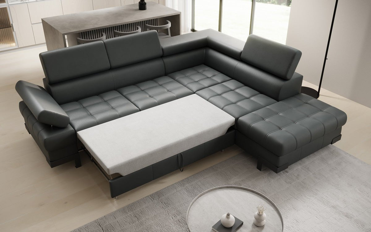 Canapé d'angle L Designer Noelia avec fonction couchage et rangement en cuir véritable