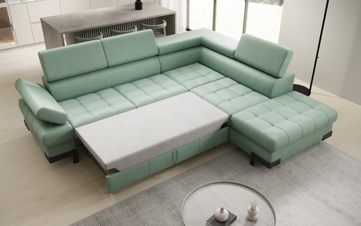 Canapé d'angle L Designer Noelia avec fonction couchage et rangement en cuir véritable