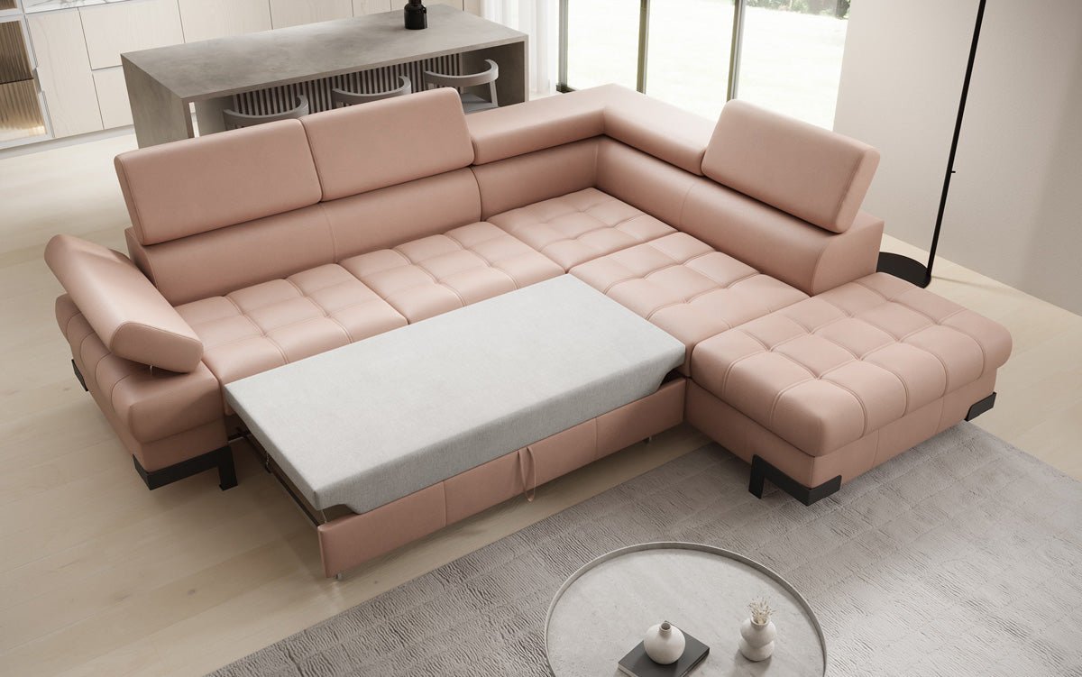 Canapé d'angle L Designer Noelia avec fonction couchage et rangement en cuir véritable