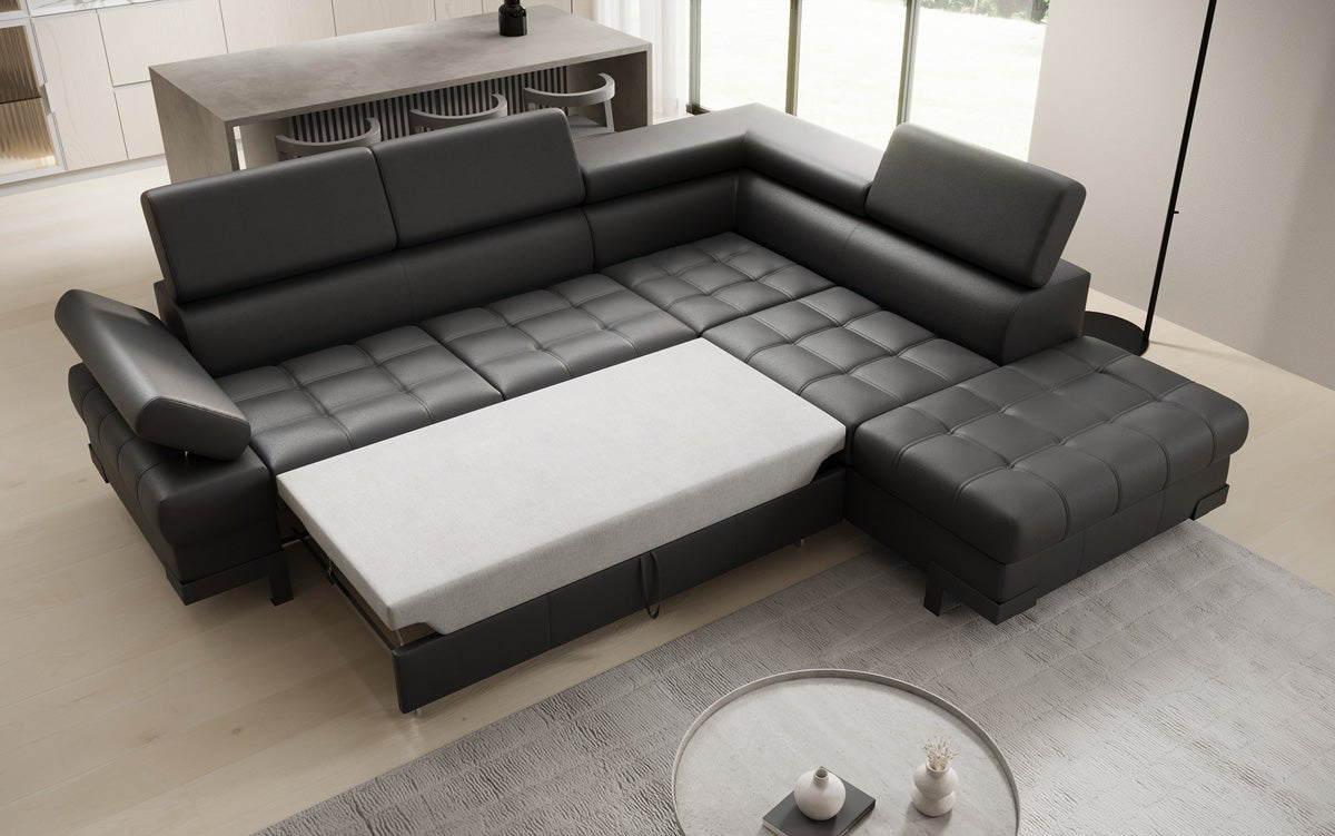 Canapé d'angle L Designer Noelia avec fonction couchage et rangement en cuir véritable