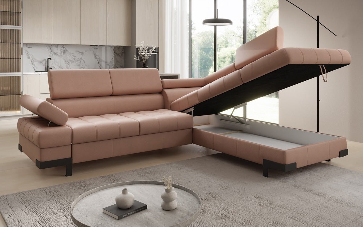 Canapé d'angle L Designer Noelia avec fonction couchage et rangement en cuir véritable