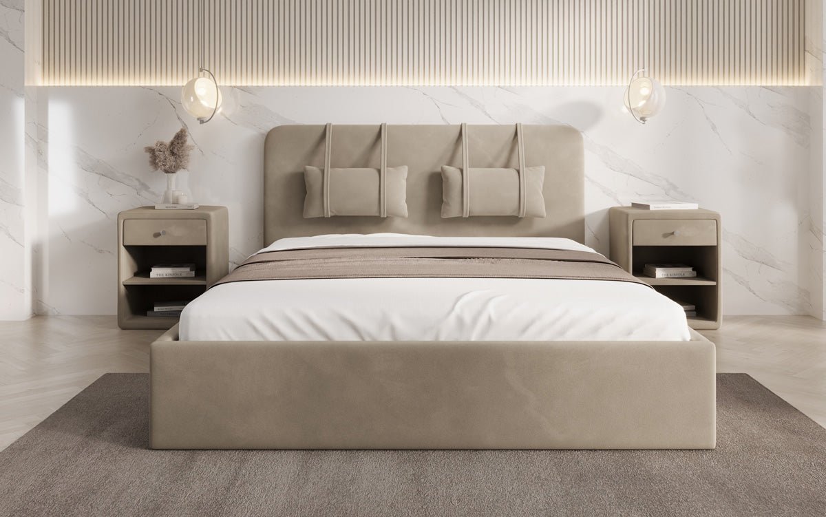 Lit rembourré design Alma en velours avec rangement