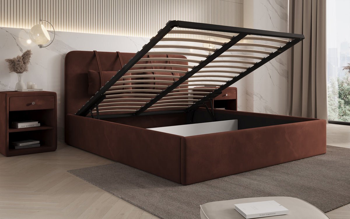 Lit rembourré design Alma en velours avec rangement