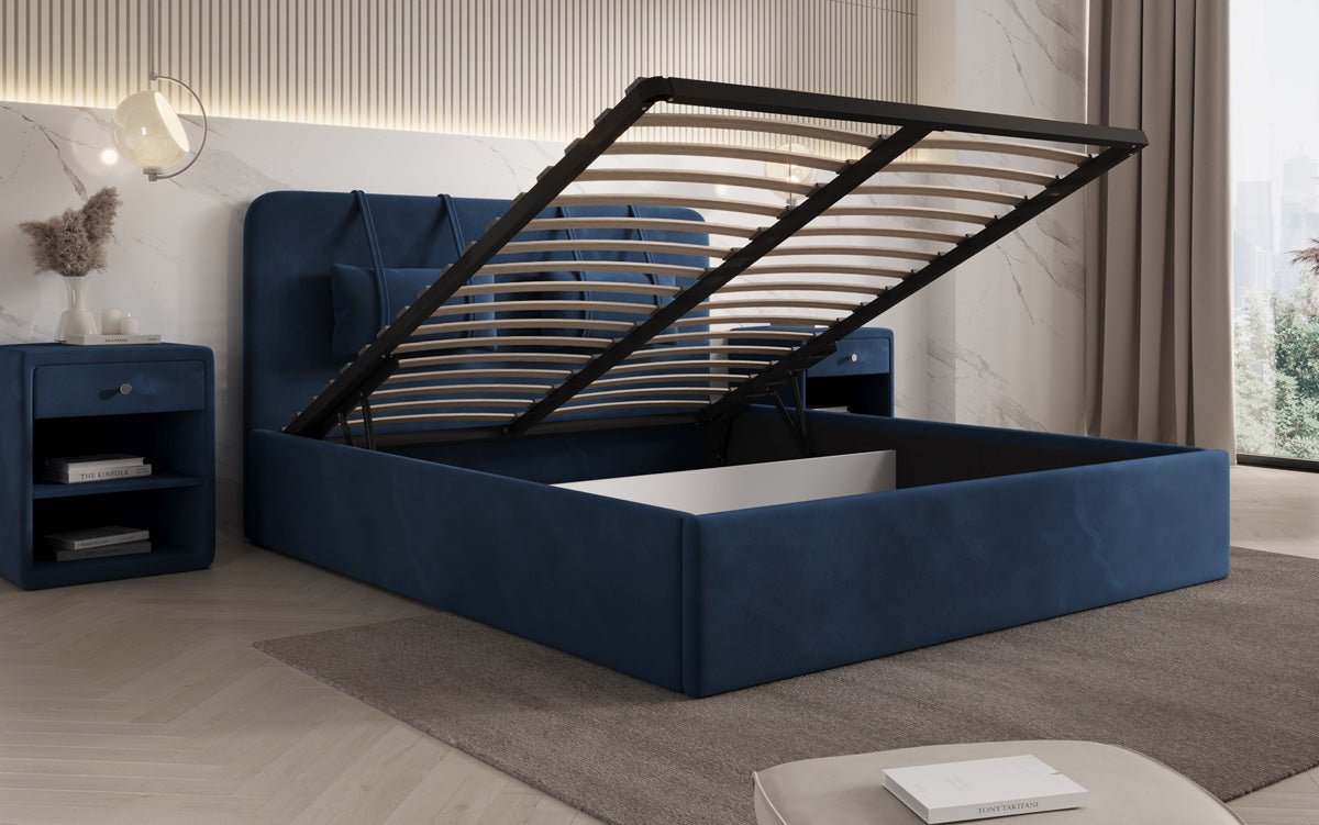 Lit rembourré design Alma en velours avec rangement